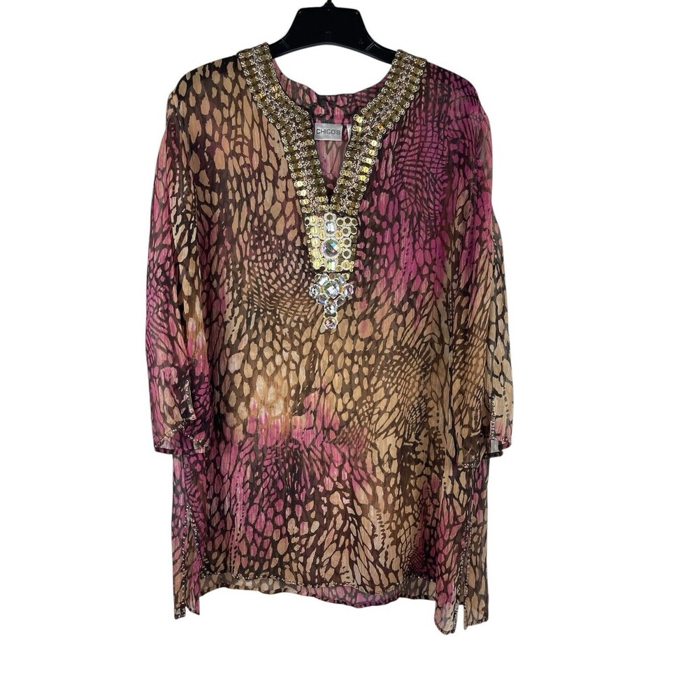Chicos Size 3 XL 100% Silk Tunic Blouse Animal Print Jeweled Embellished Sheer